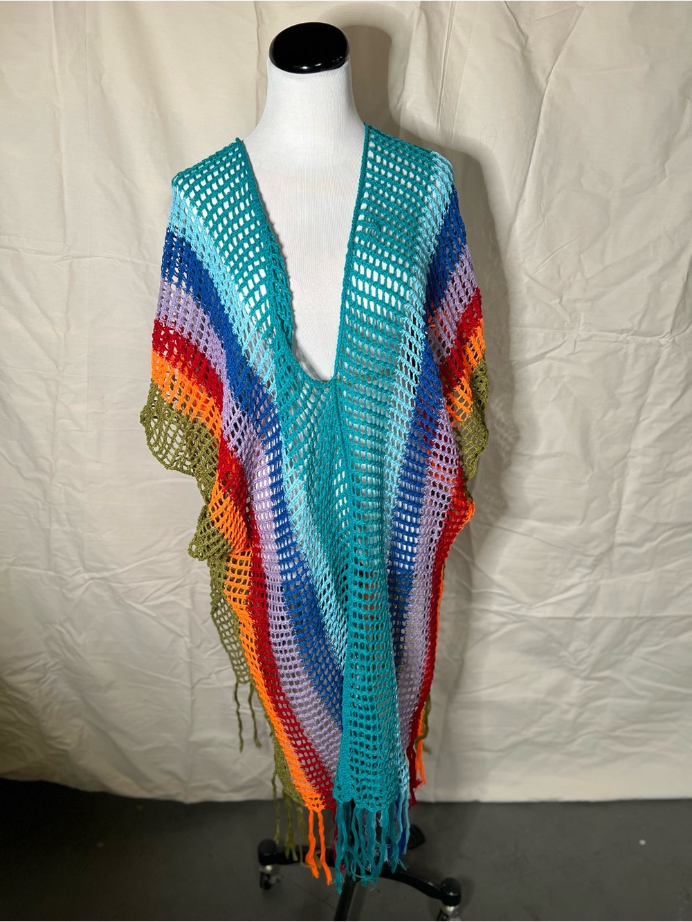 Handmade Multicolor Crochet Beach Cover-Up - Teal & Rainbow Stripes